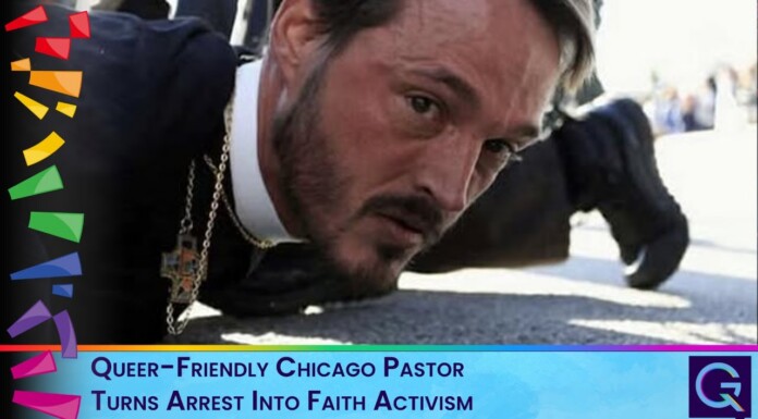 Man on the ground during an arrest; clerical necklace visible, in a news banner about a queer-friendly Chicago pastor. (informative)