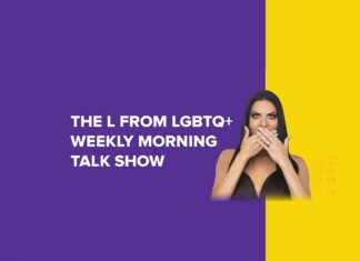Seven New Gay Types Just Dropped Promotional banner for The L From LGBTQ+ Weekly Morning Talk Show; woman covers her mouth against a purple-yellow split background.
