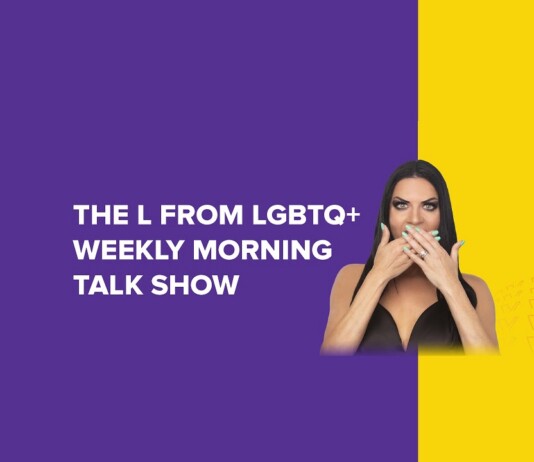 Promotional banner for The L From LGBTQ+ Weekly Morning Talk Show; woman covers her mouth against a purple-yellow split background.