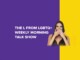 Promotional banner for The L From LGBTQ+ Weekly Morning Talk Show; woman covers her mouth against a purple-yellow split background.
