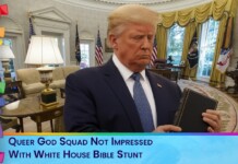 Donald Trump in a dark suit holding a Bible in the White House Oval Office, with flags and gold curtains in the background, looking stern.
