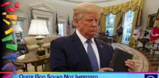 Donald Trump in a dark suit holding a Bible in the White House Oval Office, with flags and gold curtains in the background, looking stern.