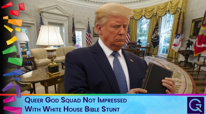 Donald Trump in a dark suit holding a Bible in the White House Oval Office, with flags and gold curtains in the background, looking stern.