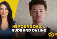 Video thumbnail: smiling woman on the left, serious man on the right, with bold text 'HE FOUND DAD... NUDE AND ONLINE' and a Remix logo in the corner.