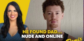 Video thumbnail: smiling woman on the left, serious man on the right, with bold text 'HE FOUND DAD... NUDE AND ONLINE' and a Remix logo in the corner.