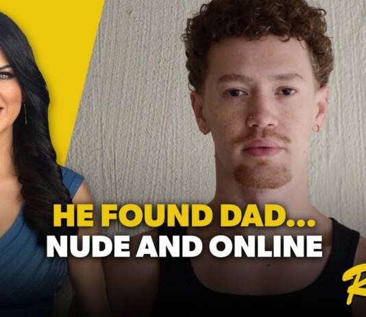 Video thumbnail: smiling woman on the left, serious man on the right, with bold text 'HE FOUND DAD... NUDE AND ONLINE' and a Remix logo in the corner.