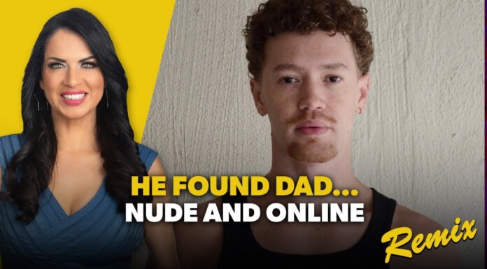 Video thumbnail: smiling woman on the left, serious man on the right, with bold text 'HE FOUND DAD... NUDE AND ONLINE' and a Remix logo in the corner.