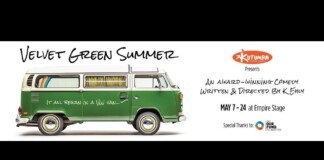 Promotional poster with a green VW van and rainbow stripe; text reads ‘Velvet Green Summer’ and show details for May 7–24 at Empire Stage (comedy).