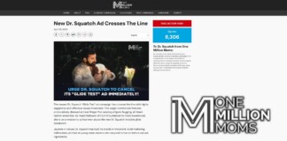 News article page about a Dr. Squatch ad controversy, featuring a large hero image with a man and overlay text calling to cancel the ad.