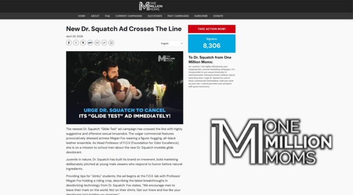 One Million Moms Targets Dr. Squatch Ads Featuring Bisexual Actress Megan Fox News article page about a Dr. Squatch ad controversy, featuring a large hero image with a man and overlay text calling to cancel the ad.