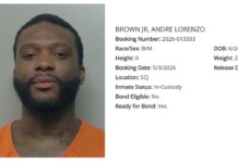 Mugshot of Andre Lorenzo Brown in an orange jumpsuit with booking details to the right (Booking Number 2026-013333, DOB 6/24/1992, In-Custody, Ready for Bond: Yes).