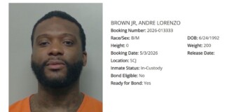 Mugshot of Andre Lorenzo Brown in an orange jumpsuit with booking details to the right (Booking Number 2026-013333, DOB 6/24/1992, In-Custody, Ready for Bond: Yes).