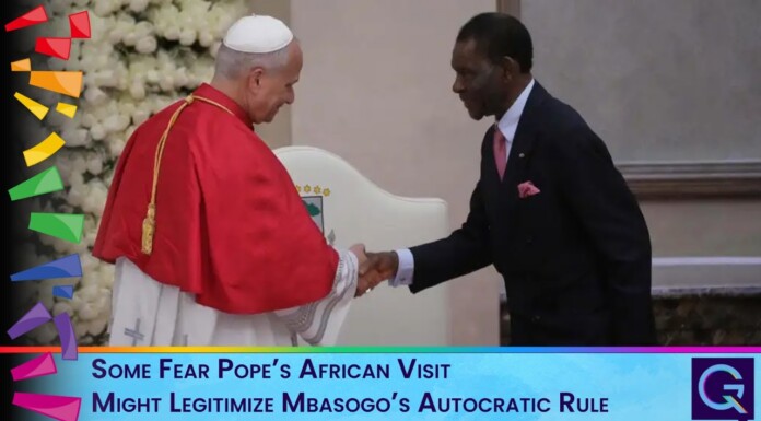 Pope in red ceremonial robes shaking hands with an African president during a formal meet, with a news banner beneath reading a controversial headline.
