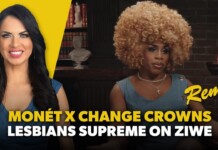 Two women seated side by side in a studio thumbnail: left woman with long dark hair against a bright yellow background, right woman in a blue dress with a large blonde curly wig, both beneath bold yellow and white caption text reading 'MONÉT X CHANGE CROWNS' and 'LESBIANS SUPREME ON ZIWE'; a 'Remix' label appears on the right.