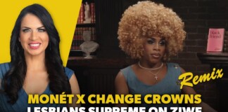 Two women seated side by side in a studio thumbnail: left woman with long dark hair against a bright yellow background, right woman in a blue dress with a large blonde curly wig, both beneath bold yellow and white caption text reading 'MONÉT X CHANGE CROWNS' and 'LESBIANS SUPREME ON ZIWE'; a 'Remix' label appears on the right.