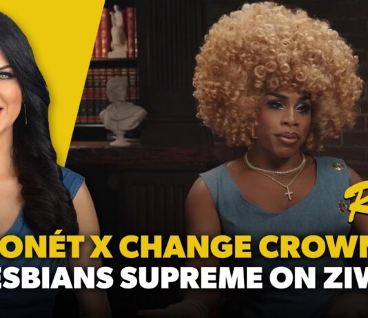 Two women seated side by side in a studio thumbnail: left woman with long dark hair against a bright yellow background, right woman in a blue dress with a large blonde curly wig, both beneath bold yellow and white caption text reading 'MONÉT X CHANGE CROWNS' and 'LESBIANS SUPREME ON ZIWE'; a 'Remix' label appears on the right.