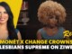 Two women seated side by side in a studio thumbnail: left woman with long dark hair against a bright yellow background, right woman in a blue dress with a large blonde curly wig, both beneath bold yellow and white caption text reading 'MONÉT X CHANGE CROWNS' and 'LESBIANS SUPREME ON ZIWE'; a 'Remix' label appears on the right.