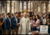 Pope in white robes shaking hands with diverse group inside a cathedral while others hold rainbow crosses and signs that read 'All Are Welcome' and 'A Catholic Welcome for LGBTQ Persons'.