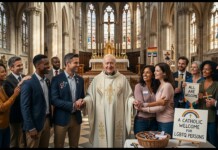 Pope in white robes shaking hands with diverse group inside a cathedral while others hold rainbow crosses and signs that read 'All Are Welcome' and 'A Catholic Welcome for LGBTQ Persons'.