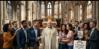 Pope in white robes shaking hands with diverse group inside a cathedral while others hold rainbow crosses and signs that read 'All Are Welcome' and 'A Catholic Welcome for LGBTQ Persons'.