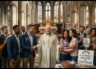 Pope in white robes shaking hands with diverse group inside a cathedral while others hold rainbow crosses and signs that read 'All Are Welcome' and 'A Catholic Welcome for LGBTQ Persons'.