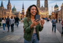 Woman smiling while recording with her smartphone in a lively city square with string lights and church spires behind her at dusk.