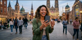 Woman smiling while recording with her smartphone in a lively city square with string lights and church spires behind her at dusk.