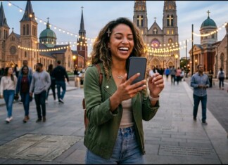 Woman smiling while recording with her smartphone in a lively city square with string lights and church spires behind her at dusk.