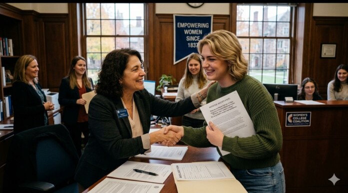 Two women shake hands across a desk during a signing ceremony in a campus office, with colleagues watching in the background and a banner reading 'Empowering Women Since 1837'.