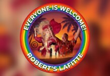 Circular rainbow logo with two people dancing at a tropical sunset; text reads 'EVERYONE IS WELCOME!' and 'ROBERT'S LAFITTE'.