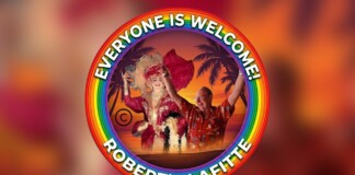 Circular rainbow logo with two people dancing at a tropical sunset; text reads 'EVERYONE IS WELCOME!' and 'ROBERT'S LAFITTE'.