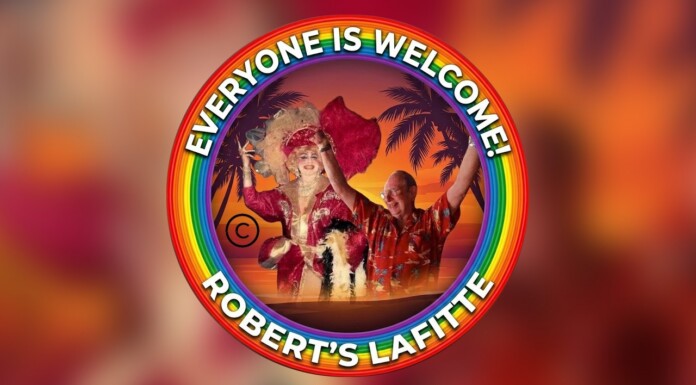Circular rainbow logo with two people dancing at a tropical sunset; text reads 'EVERYONE IS WELCOME!' and 'ROBERT'S LAFITTE'.