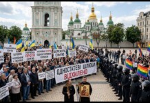 Crowd of Ukrainian protesters with signs opposing same-sex marriage, rainbow flags, and two clergy carrying a cross and icon, flanked by police in riot gear near a historic cathedral courtyard.