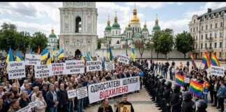 Crowd of Ukrainian protesters with signs opposing same-sex marriage, rainbow flags, and two clergy carrying a cross and icon, flanked by police in riot gear near a historic cathedral courtyard.