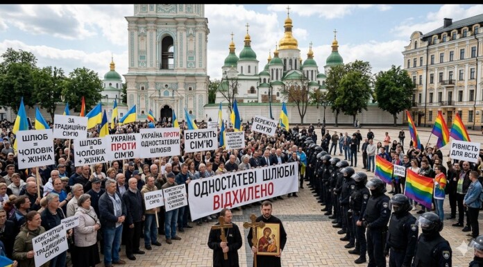 Crowd of Ukrainian protesters with signs opposing same-sex marriage, rainbow flags, and two clergy carrying a cross and icon, flanked by police in riot gear near a historic cathedral courtyard.