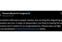 Screenshot of a Twitter post from Thomas Massie for Congress accusing Eddie’s supporters of an AI-generated lie and asking for donations to massiemoneybomb.com.
