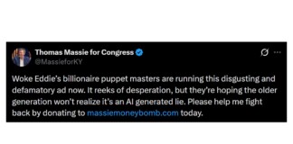 Screenshot of a Twitter post from Thomas Massie for Congress accusing Eddie’s supporters of an AI-generated lie and asking for donations to massiemoneybomb.com.