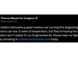 Screenshot of a Twitter post from Thomas Massie for Congress accusing Eddie’s supporters of an AI-generated lie and asking for donations to massiemoneybomb.com.