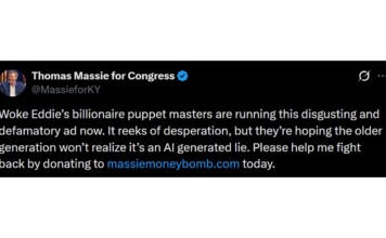 Screenshot of a Twitter post from Thomas Massie for Congress accusing Eddie’s supporters of an AI-generated lie and asking for donations to massiemoneybomb.com.
