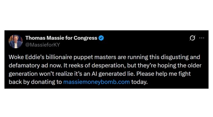 Screenshot of a Twitter post from Thomas Massie for Congress accusing Eddie’s supporters of an AI-generated lie and asking for donations to massiemoneybomb.com.