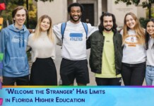 Six diverse students pose together outside a campus while a banner at the bottom reads 'Welcome the Stranger Has Limits in Florida Higher Education' indicating a debate on immigration policy in higher education.