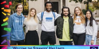 Six diverse students pose together outside a campus while a banner at the bottom reads 'Welcome the Stranger Has Limits in Florida Higher Education' indicating a debate on immigration policy in higher education.