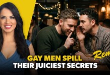 Smiling woman on a bright yellow panel left; two men whisper at a dim bar on the right; title reads 'GAY MEN SPILL THEIR JUICIEST SECRETS Remix'.