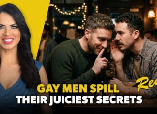 Smiling woman on a bright yellow panel left; two men whisper at a dim bar on the right; title reads 'GAY MEN SPILL THEIR JUICIEST SECRETS Remix'.