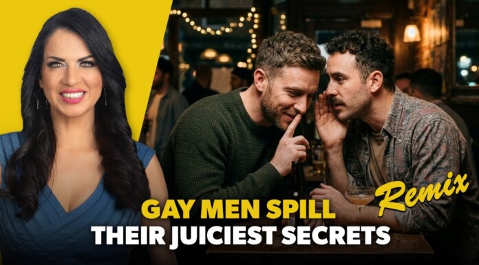 Smiling woman on a bright yellow panel left; two men whisper at a dim bar on the right; title reads 'GAY MEN SPILL THEIR JUICIEST SECRETS Remix'.