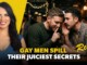 Smiling woman on a bright yellow panel left; two men whisper at a dim bar on the right; title reads 'GAY MEN SPILL THEIR JUICIEST SECRETS Remix'.