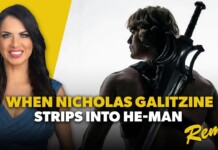 REMIX: When Nicholas Galitzine Strips Into He-Man Thumbnail: smiling woman on the left and a muscular man with a sword on the right, with bold yellow text about Nicholas Galitzine as He-Man Remix.