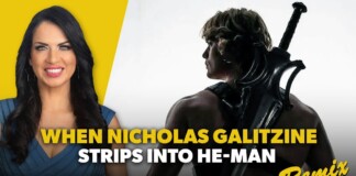 Thumbnail: smiling woman on the left and a muscular man with a sword on the right, with bold yellow text about Nicholas Galitzine as He-Man Remix.