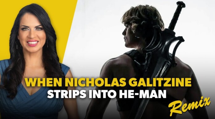 Thumbnail: smiling woman on the left and a muscular man with a sword on the right, with bold yellow text about Nicholas Galitzine as He-Man Remix.