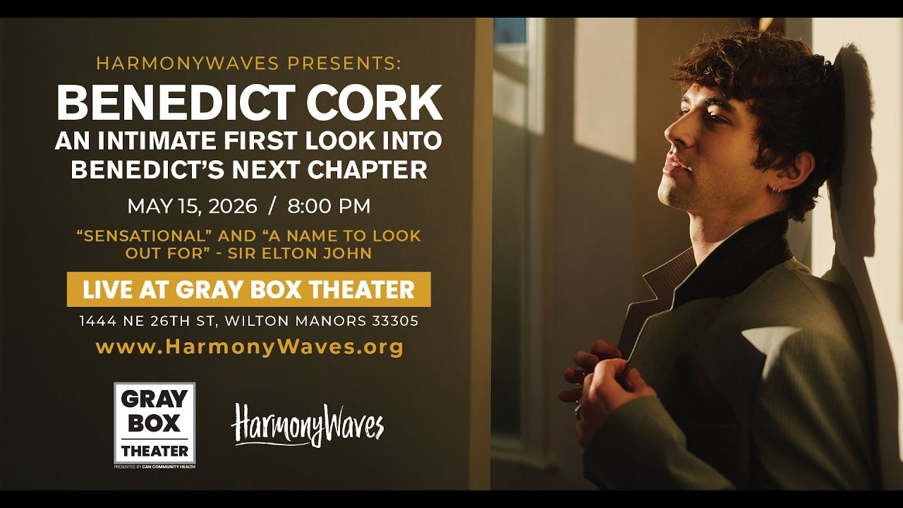 Promotional poster featuring Benedict Cork for HarmonyWaves: 'Live at Gray Box Theater' with date May 15, 2026 at 8:00 PM; venue address and website listed; person leaning against a wall on the right.